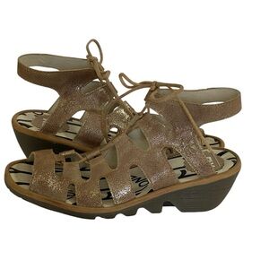 FLY LONDON- 813PORT  BRONZE LEATHER WEDGE SANDAL SZ 6.5 EUC